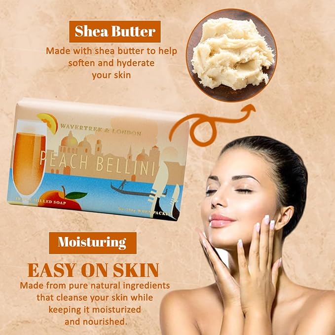Wavertree & London Peach Bellini Scented Natural Soap (2 Bars), 7oz Moisturizing French Triple Milled Soap Bars enriched with shea butter - Pure Plant Based Bath & Body Bars for All Skin Types