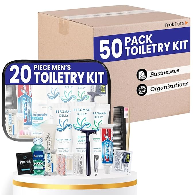 Trektote Bulk Hygiene Kit For Men And Women – (50 Pack) 20 Piece Set Of Travel Size Toiletries, TSA Compliant, Bulk Travel Essentials, Includes Shampoo And Conditioner, Body Wash, Toiletry Bag & More