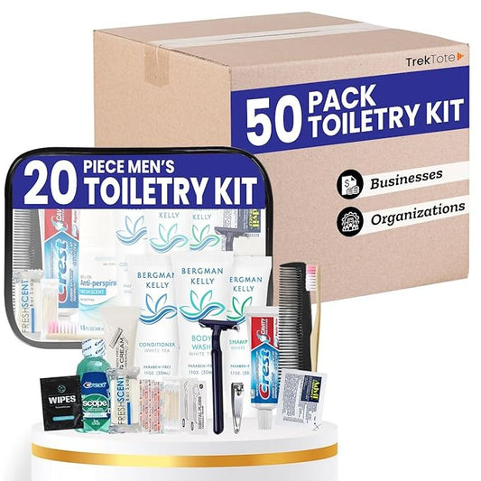Trektote Bulk Hygiene Kit For Men And Women – (50 Pack) 20 Piece Set Of Travel Size Toiletries, TSA Compliant, Bulk Travel Essentials, Includes Shampoo And Conditioner, Body Wash, Toiletry Bag & More