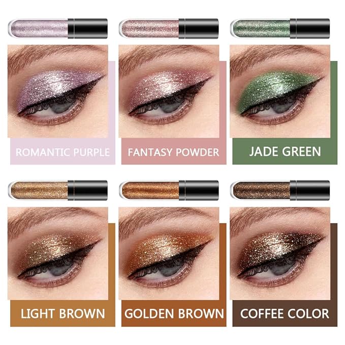 evpct 6 Colors Gold Liquid Glitter Eyeshadow Colorful Liquid Eyeliner Set Silver Shimmer Sparkle Shiny Light Glitter Metallic Pigment Eye Shadow Liner Makeup Palette Kit Quick Drying Longwearing B