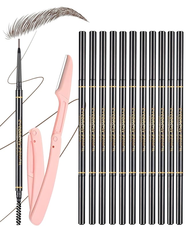 Dark Brown Eyebrow Pencils for Women, 12Pcs Ultra Slim Eyebrow Pencil with 2 Brow Razors Kit, Double Head 1.5mm Micro-Fine Tip & Spiral Brush, Can Draw Fine and Long-Lasting Brows Makeup