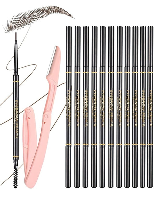 Dark Brown Eyebrow Pencils for Women, 12Pcs Ultra Slim Eyebrow Pencil with 2 Brow Razors Kit, Double Head 1.5mm Micro-Fine Tip & Spiral Brush, Can Draw Fine and Long-Lasting Brows Makeup