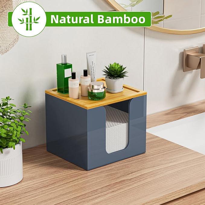 VITVITI Disposable Face Towel Holder Box, Acrylic Facial Towel Container for XL Clean Skin Club, Large Disposable Face Towels Storage with Bamboo Lid, for Bathroom, Vanity Makeup, Gray