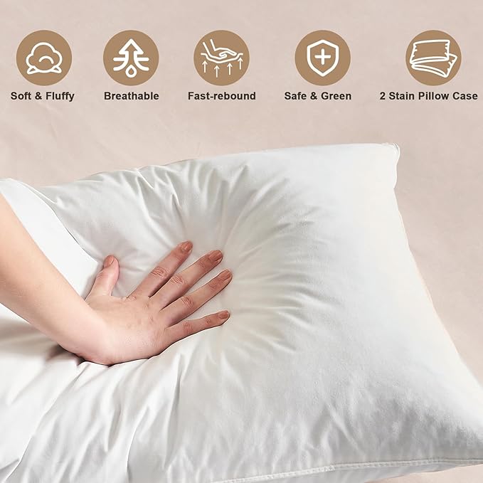 BHZ Satin Goose Down Feather Pillows Queen Size Set of 2 with Satin Pillowcase for Hair and Skin, Cooling Pillow Cases Similar to Silk Pillow Cases, Christmas Decorative Gifts for Women, Mom Men, Grey