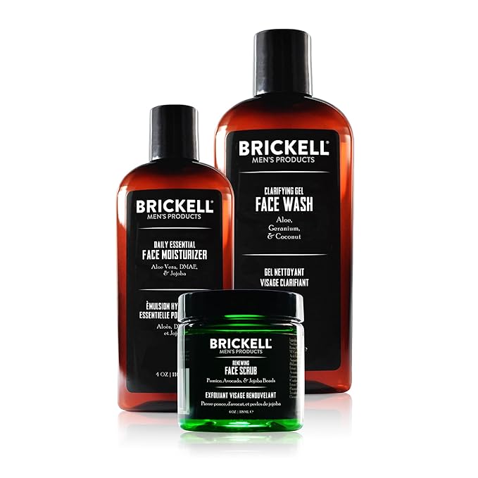 Brickell Men's Daily Advanced Face Care Routine I, Gel Facial Cleanser Wash, Face Scrub, Face Moisturizer Lotion, Natural and Organic, Unscented, Men's Skin Care Gift Set