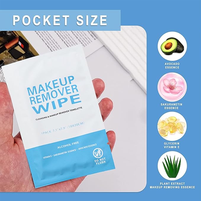 100 Pack Individual Makeup Remover Wipes, Individually Wrapped Face Cleansing Wipes, Travel Makeup Remover Cloth for Travel, Hotel Skin Care