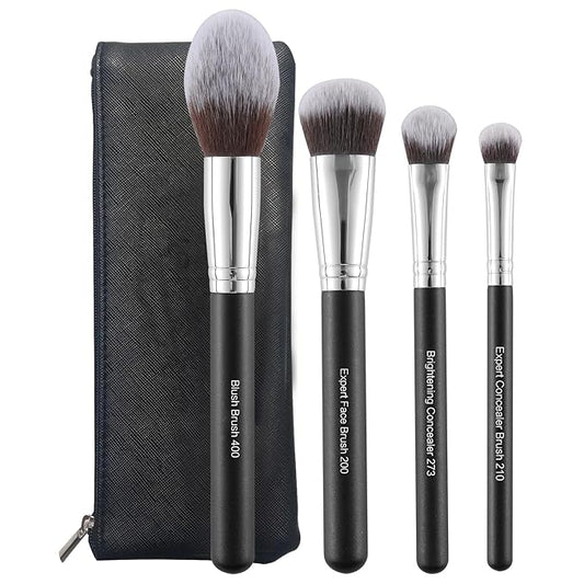 Makeup Brush Set 4PCS Professional Makeup Brushes for Foundation, Blush, Eyeshadow & Under Eye Concealer Blending – Portable Cosmetic Kit with BlackTravel Case for Daily Touchups