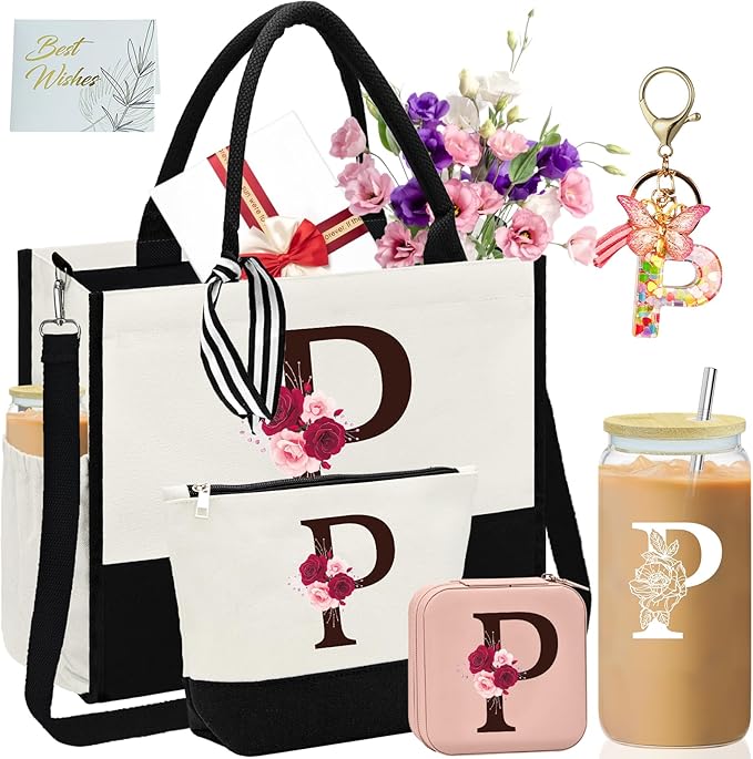 Birthday Gifts for Women,Initial Canvas Tote Bag,Monogrammed Gift for Women,16oz Initial Glass Cup,Makeup Bag with Zipper,Jewelry Organizer Box,Personalized Gifts for Mom-P