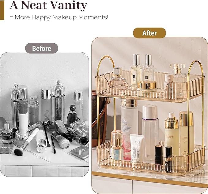 Aveniee Bathroom Counter Organizer, 2 Tier Perfume Skin Care Countertop Storage Shelf, Vanity Makeup Tray for Cosmetic Skincare Lotion, Gold