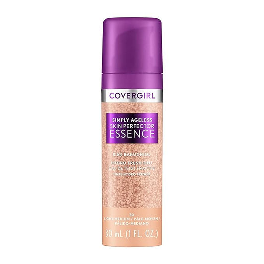 Covergirl Simply Ageless Skin Perfector Essence Foundation, 30 Light-Medium,Tinted Skincare Makeup Hybrid, Sheer Tint, Radiant Finish, Glowy Finish, Vegan Formula, 1.0oz