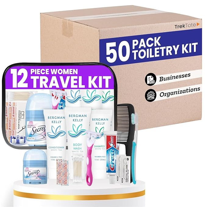 Trektote Bulk Hygiene Kit For Women – (50 Pack) 12 Piece Set Of Travel Size Toiletries, TSA Compliant, Bulk Travel Essentials, Includes Shampoo And Conditioner, Body Wash, Toiletry Bag & More