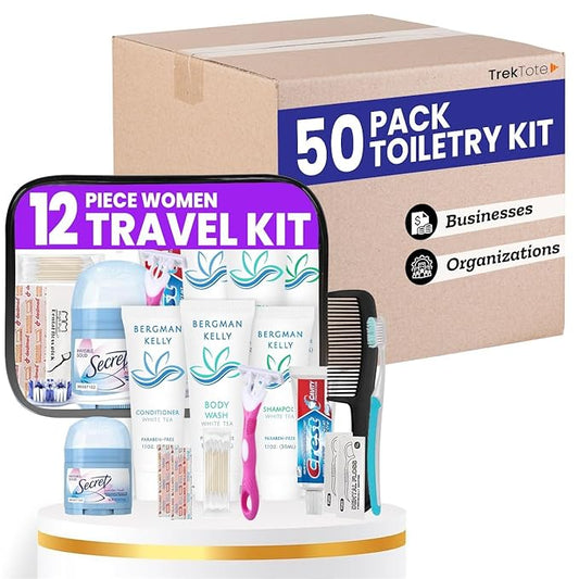 Trektote Bulk Hygiene Kit For Women – (50 Pack) 12 Piece Set Of Travel Size Toiletries, TSA Compliant, Bulk Travel Essentials, Includes Shampoo And Conditioner, Body Wash, Toiletry Bag & More
