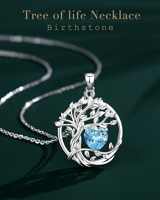 FANCIME Tree of life Birthstone necklace Sterling Silver Pendant Birthstone Necklace Gemstone Anniversary Birthday Jewelry Christmas Gifts for Mom Her Wife
