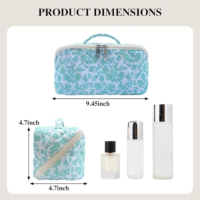 Green Large Quilted Floral Makeup Bag Cute Coquette Aesthetic Cosmetic Bag Open Flat Travel Toiletry Make up Bag for Women