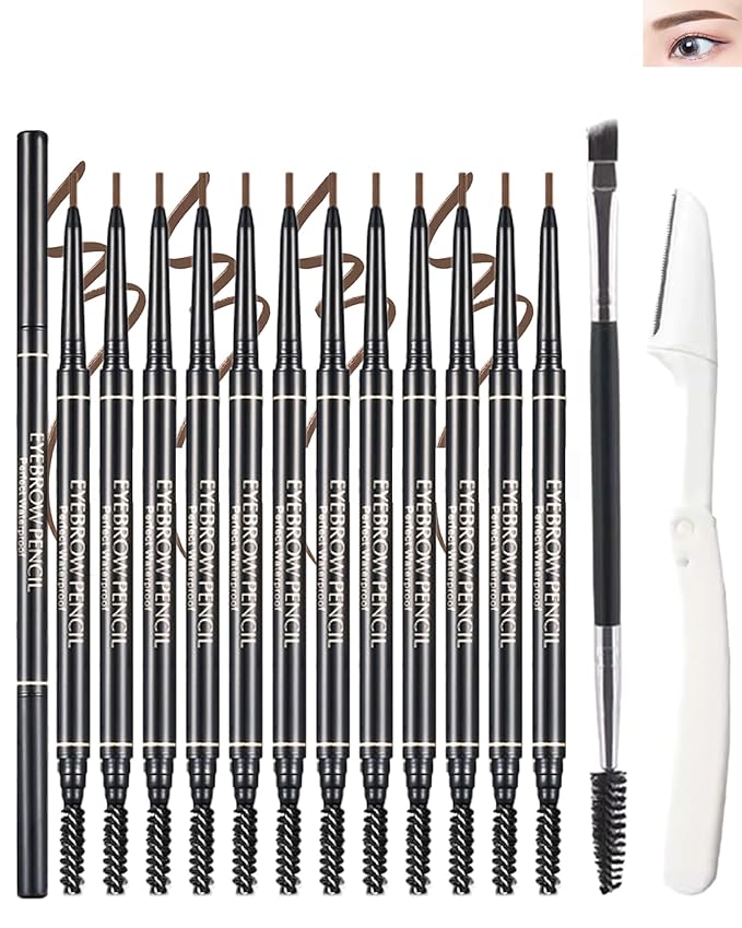 12 Pcs Eye Brow Pencil for Women Light Brown,Waterproof Eyebrow Pencil Retractable Ultra Fine Professional Brow Pencil,Long Lasting Tinted Gel Micro Eyebrow Pen for Define Fill Tiny Brow Eye Makeup-02