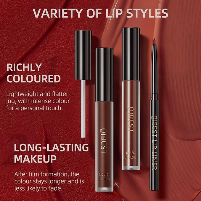 QiBest 3-in-1 Dark Red Lipstick Set for Women & Teen Girls, Matte Liquid Lipstick + Lip Gloss + Gel Lip Liner Pencil Trio Lip Gift Kit for 24 Hours Long Lasting & Waterproof Lip Makeup (Hot Chocolate)
