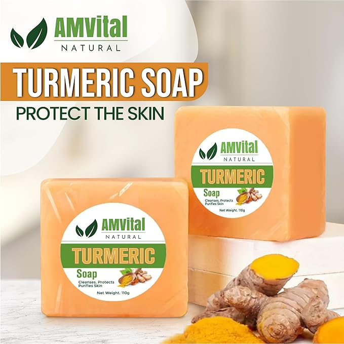 AMVital Turmeric Soap Bar for Face & Body – Handmade Natural Cleanser, Gentle Herbal Skincare for All Skin Types, Face Wash & Body Soap (Pack of 3)