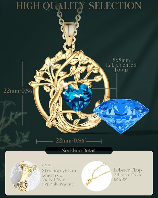 FANCIME Tree of life Birthstone necklace Sterling Silver Pendant Birthstone Necklace Gemstone Anniversary Birthday Jewelry Christmas Gifts for Mom Her Wife