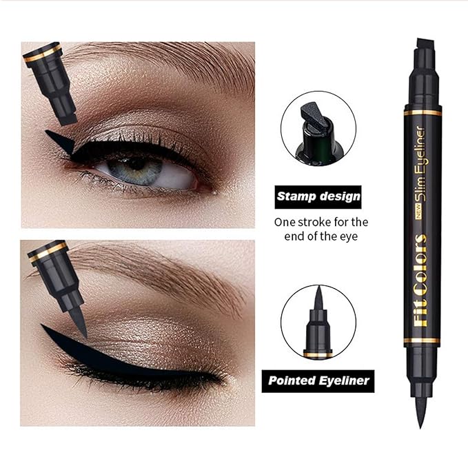 4-in-1 Eye Makeup Kit 4 Colors Eyeshadow Palette Black Liqiud Eyeliner with Stamp and Double-headed Brown Eyebrow Pencil Set for Women Beginners Gift (02)