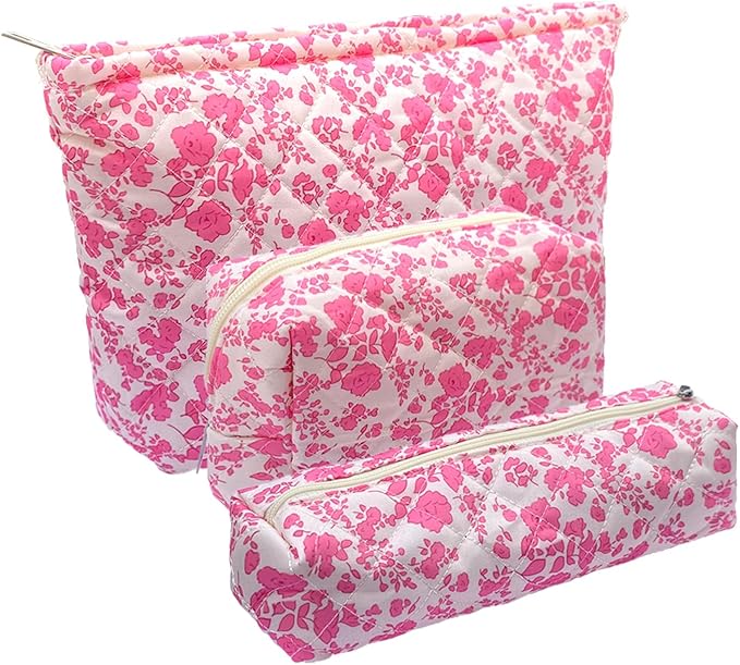 3 Piece Pink Quilted Floral Makeup Bag Set Small Cosmetic Bag For Women Cute Cotton Makeup Pouch For Purse