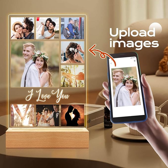 Custom Picture Frame with Photo, Personalized Photo Frame with Night Light, Customizable Photo Frames, Personalized Christmas Anniversary Birthday Gifts for Women Men Girlfriend Boyfriend Couple
