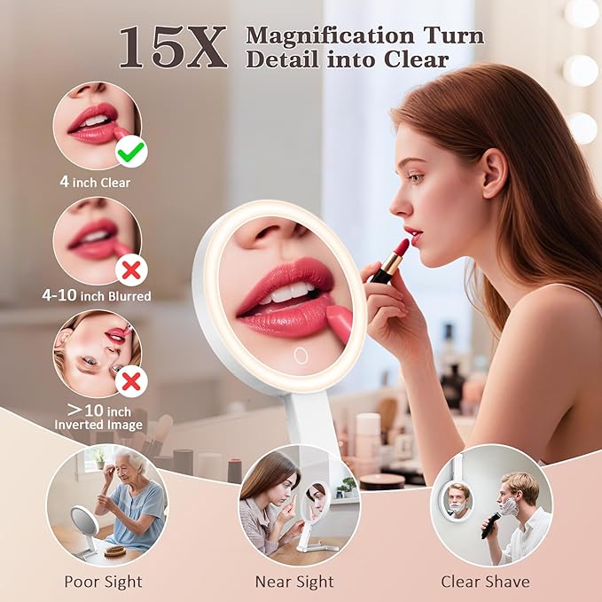 Travel Makeup Mirror with 3 Color Lights, 15X/1X Double Sided Lighted Magnifying Mirror, Portable Handheld Mirror, 3 in 1 Tabletop/Handheld/Hanging, Ideal Gift for Women in Home, Office, Trip, White