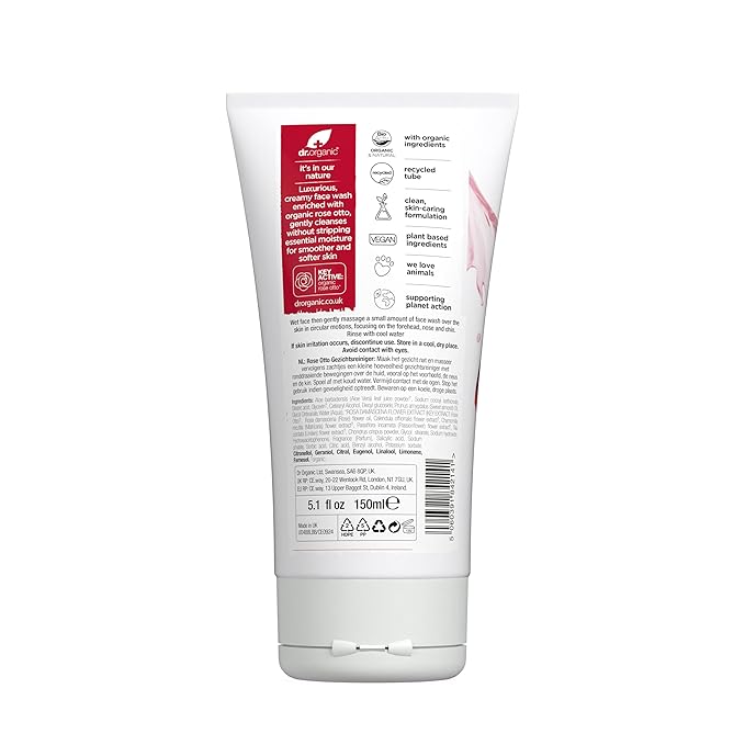 Dr. Organic Rose Otto Face Wash | Cleanses and Rejuvenates Skin, Promotes Radiance, Natural, Certified Organic, Paraben & SLS-Free, 150 mL / 5.1 fl oz