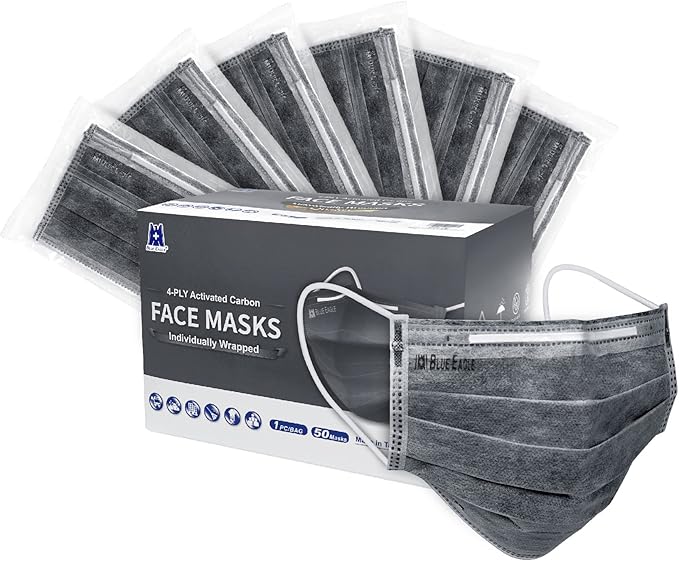 4-PLY BlueEagle Individually Wrapped Disposable Adult Face Masks | Fit for Large Face | with Activated Carbon Filter | Black Color - 50 Pcs (Charcoal Black)