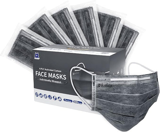 4-PLY BlueEagle Individually Wrapped Disposable Adult Face Masks | Fit for Large Face | with Activated Carbon Filter | Black Color - 50 Pcs (Charcoal Black)