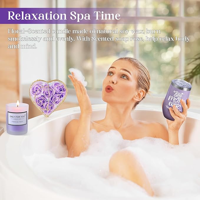 Gifts for Mom, Mother's Day Gift for Mom from Daughter Son, Birthday, Thanksgiving Day, Christmas Gifts for Mother, Care Package, Gift Basket with Canvas Tote Bag Sock Tumbler Soap Flower