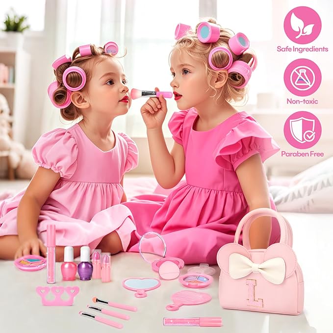 Kids Real Makeup Kit for Girls - 18Pcs Non-Toxic Washable Make Up Toys with Initial Toddler Purse - Personalized Birthday Gifts for Age 3 4 5 6 7 8 9 10 Years Old Girls Vanity Set - L