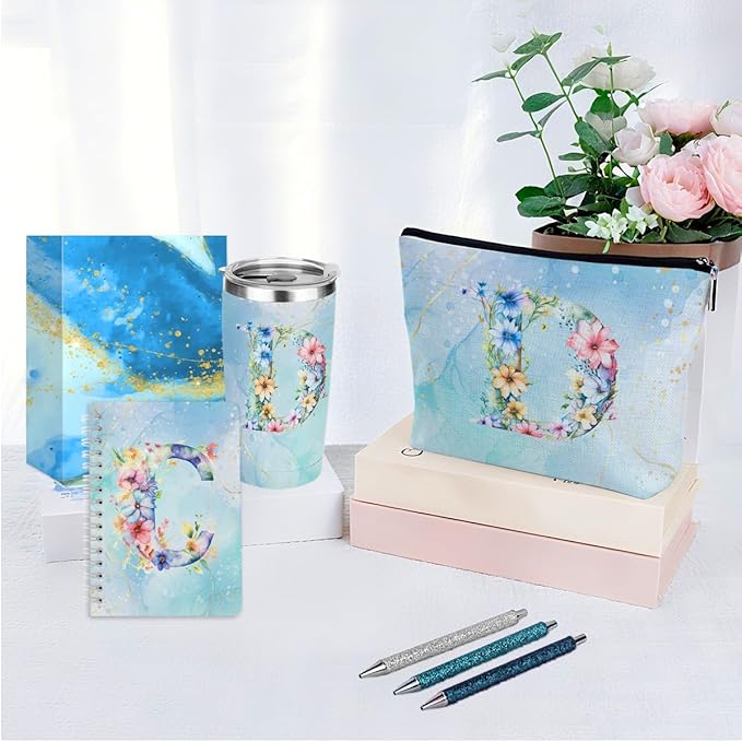 Personalized Gifts Monogrammed Birthday Gifts for Women, Boss Teacher Appreciation Christmas Initial 20 oz Tumbler, Makeup Bag Cup Ballpoint Pens Journal Notebook 6 Set, (Aesthetic Blue Flower D)