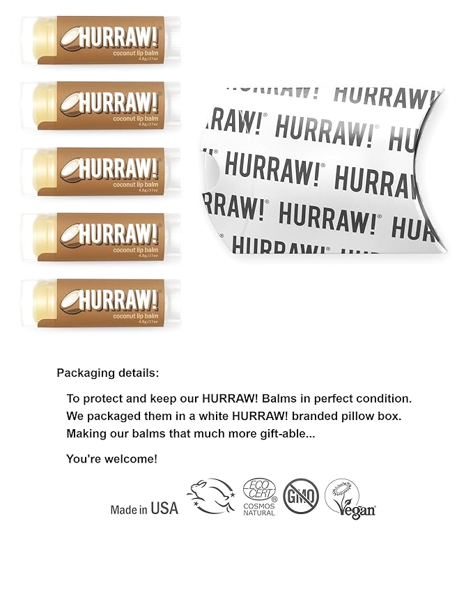 Hurraw! Coconut Lip Balm, 5 Pack: Organic, Certified Vegan, Cruelty and Gluten Free. Non-GMO, 100% Natural Ingredients. Bee, Shea, Soy and Palm Free. Made in USA