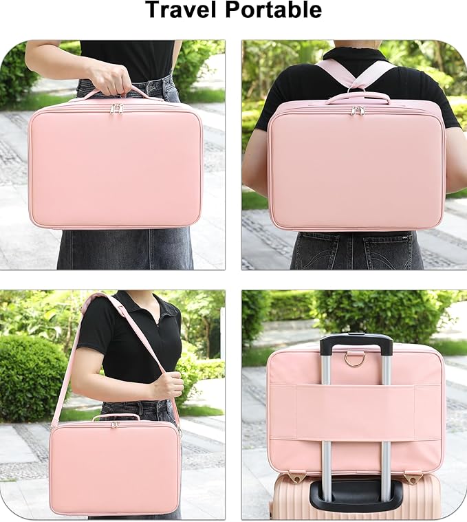 Chomeiu Makeup Bag with LED Mirror, Large Train Case for Makeup Artists, 16.2 inches Travel Professional Cosmetic Organizer with Light Up Mirror, 3 Color Lights, Brush Holder & Shoulder Strap (Pink)