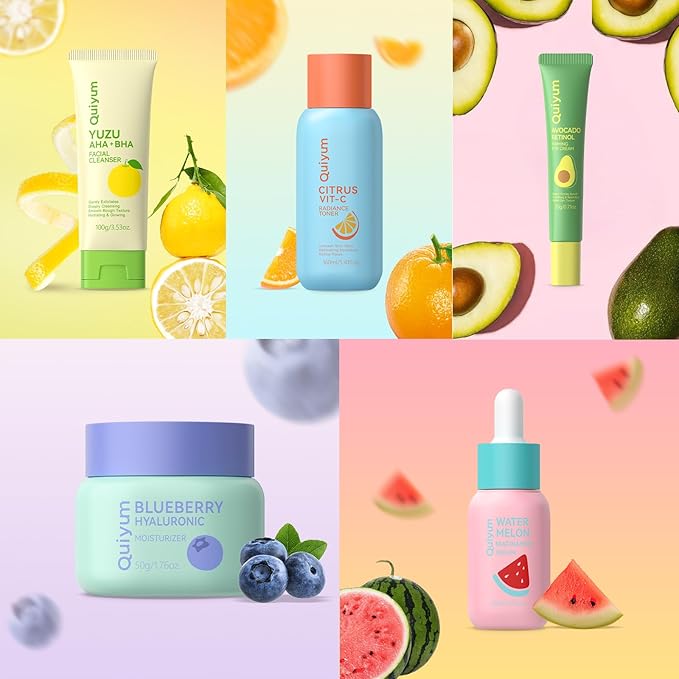 Fruit Skin Care for Teens, 5 Daily Routine Beauty Skin Care Sets - Exfoliation, Smooth, Clean, Oil Control, Firm, Hydrate, Glow Up, Skincare Gift Set for Girls Women, Facial Travel Set, for All Skin