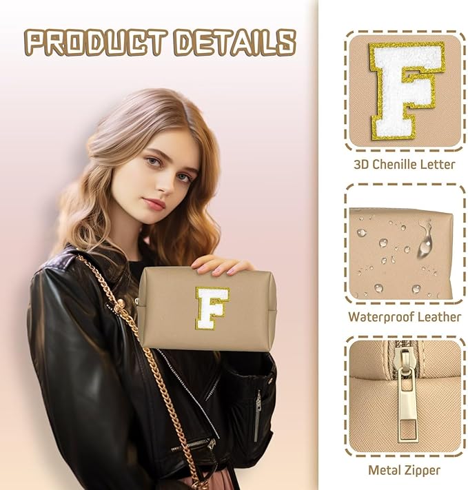 TOPEAST Initial Makeup Bag for Travel, Chenille Letter Pouch Cosmetic Bag, PU Leather Waterproof Toiletry Bag, Personalized Gifts for Bride Bridesmaids, Cute Things for Girls (Khaki Q)