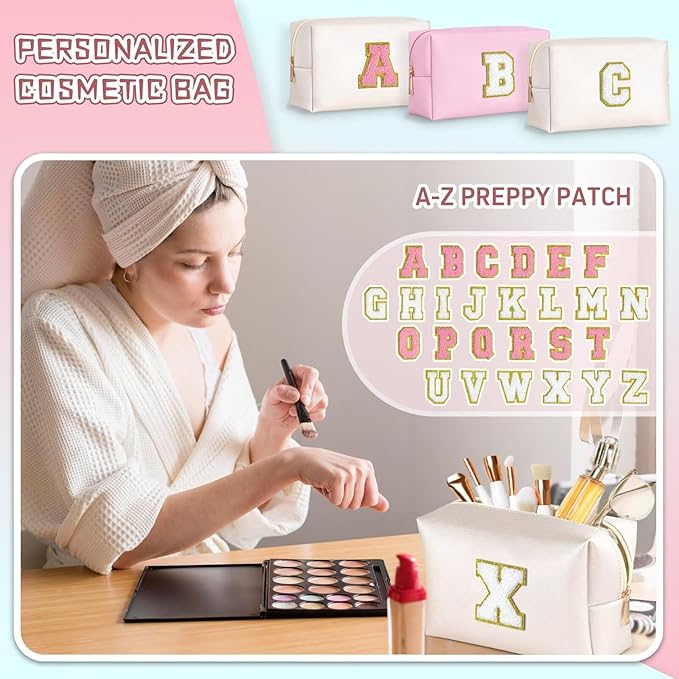 TOPEAST Preppy Stuff for Girls, Initial Makeup Bag Chenille Letter Pouch Cosmetic Bag with Zipper, PU Leather Waterproof Toiletry Bag, Cute Stuff Birthday Gift for Friends Sister (White T)