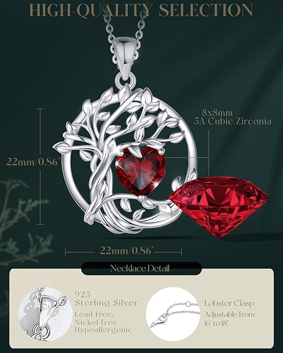 FANCIME Tree of life Birthstone necklace Sterling Silver Pendant Birthstone Necklace Gemstone Anniversary Birthday Jewelry Christmas Gifts for Mom Her Wife