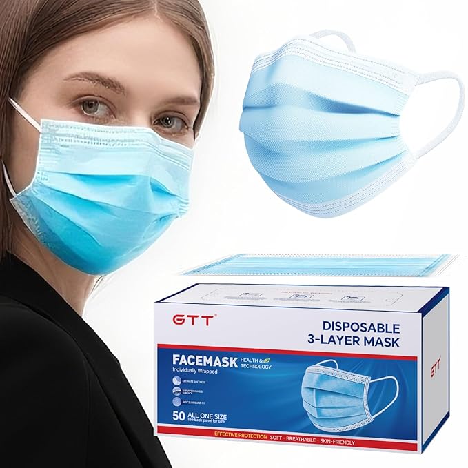 GTT ASTM Level 3 Highly Protective Disposable 3 Ply Face Masks with Individual Packaging, Breathable & Comfortable Mask
