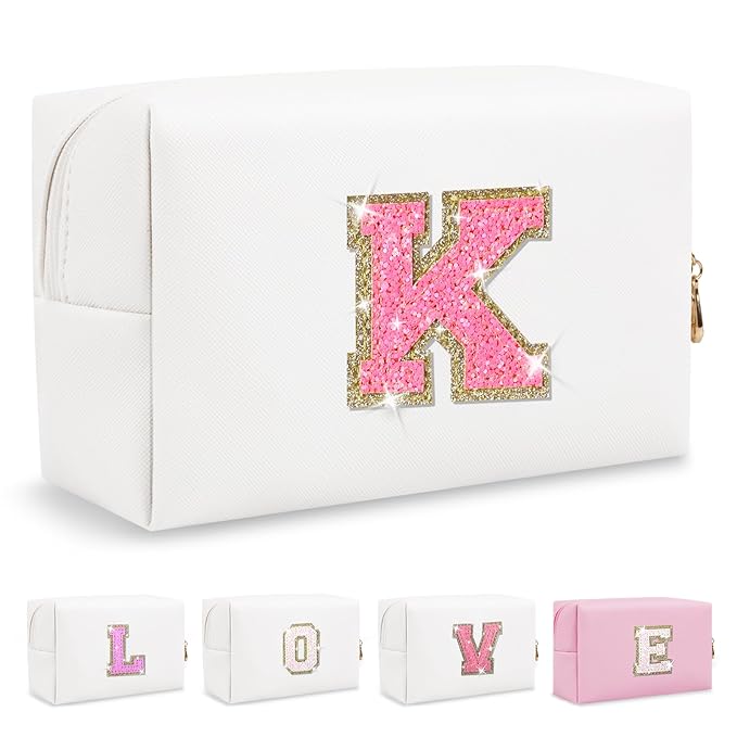 Small Personalized Initial A-Z Patch Makeup Bag,White Cute PU Leather Glitter Letter Cosmetic Bag for Teen Girls,Travel Toiletry Bag with Zipper,Preppy Monogrammed Birthday Gift for Daughter Niece K