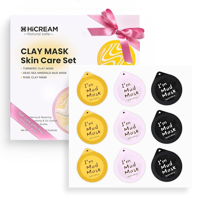 Clay Facial Mask Set 9 Pack - Turmeric Clay Mask - Rose - Dead Sea Minerals Mud Mask, Skincare Gift Set - Brightening, Moisturize & Deep cleansing for Dry, Sensitive Skin, Travel-Friendly & Portable