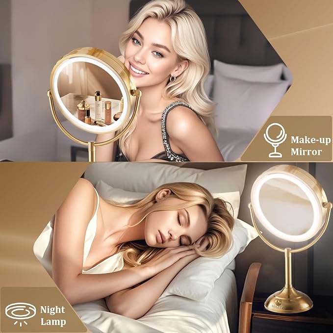 VESAUR 8.5'' Large Gold Lighted Makeup Mirror, 1X/10X Clear Seamless Magnifying Mirror, Bright Vanity Mirror with 3 Colors Dimmable Lights, Two-Sided 360°Rotation Stable Base, Luxury Nickel, Gift Box