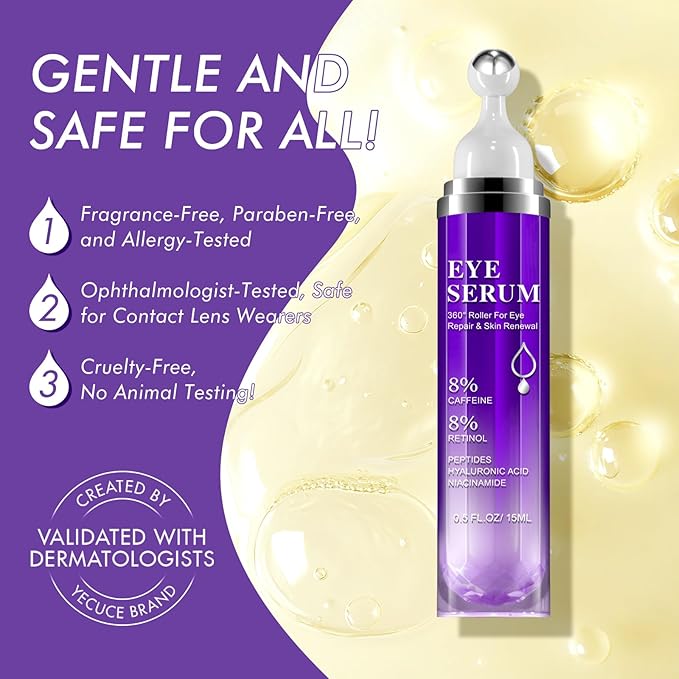 Under Eye Roller Serum - 8% Caffeine & 8% Retinol Eye Cream for Dark Circles, Puffiness and Bags, Puffy Bags Fine Lines Wrinkles, 360° Massage Ball Cream, Hyaluronic Acid Serum for Men & Women