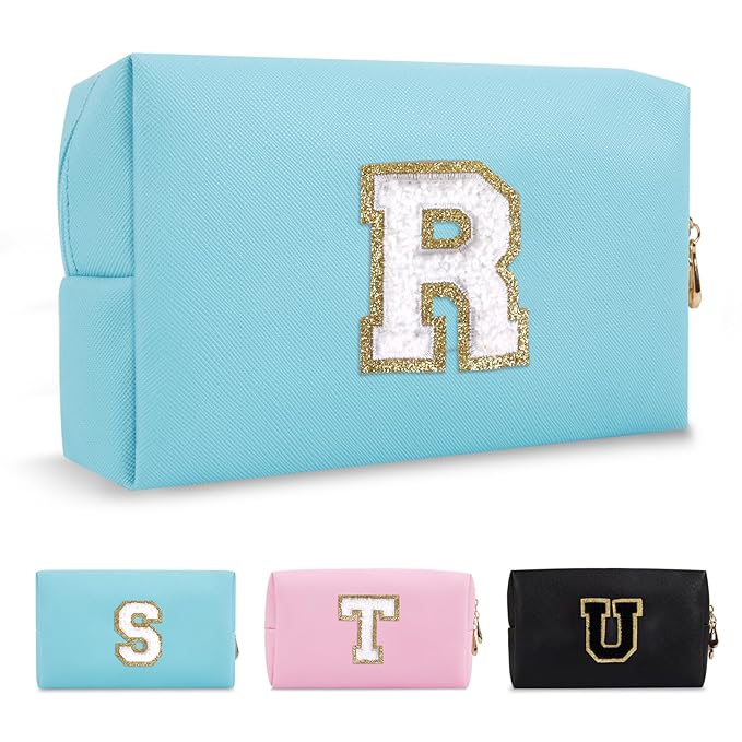 Small Personalized Initial A-Z Preppy Patch Makeup Bag,PU Chenille Letter Travel Cosmetic Pouch with Zipper,Blue Cute Toiletry Bag,Gift Ideal for Teen Girls Women Teacher Bridesmaid,Letter R