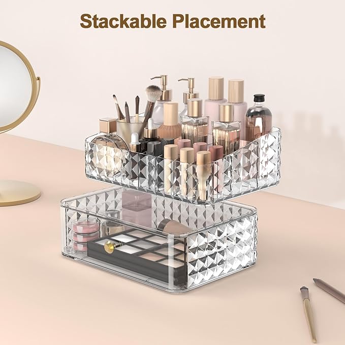 Makeup Organizer for Vanity, Stackable Cosmetics Organizer and Storage, Cosmetic Display Cases with 1 Drawers and 1 Tray for Makeup Brush, Hair Accessories, Lipstick and Jewelry, Clear