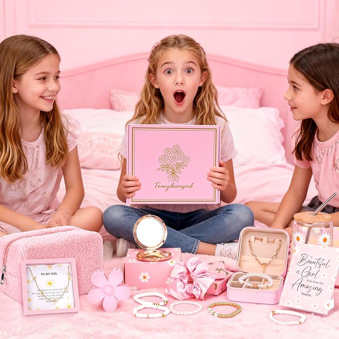 Set of 9 Individually Wrapped Teen Girl Gifts Trendy Stuff, Cute & Practical, Christmas/Birthday Gift for Granddaughter Daughter Niece Ages 8-16, with Empowering Tasks（Pink）