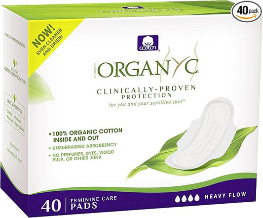 Organyc - 100% Certified Organic Cotton Inside and Out Feminine Pads, Sanitary Napkin 40 Count, Heavy Flow, New Larger Size Packaging