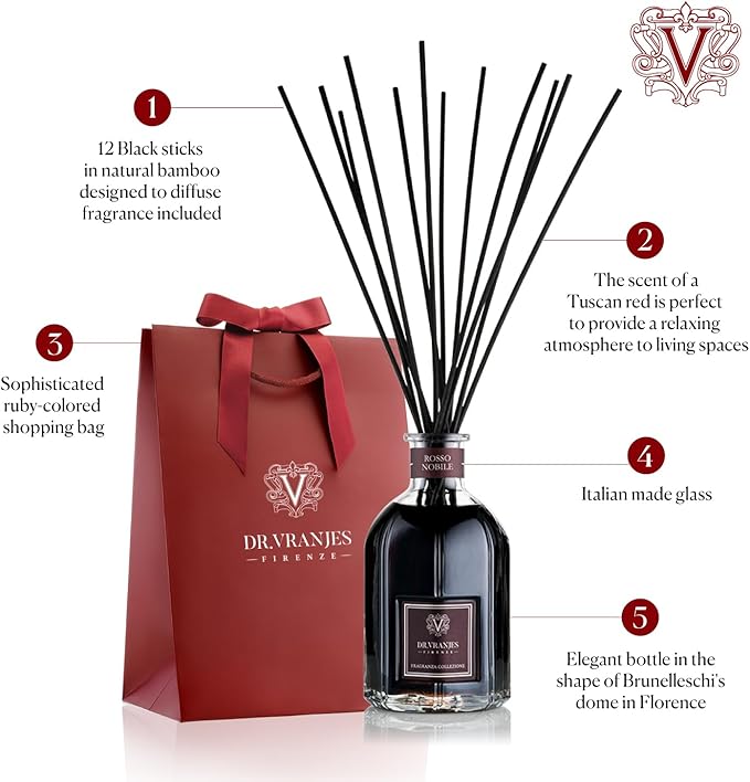 Dr. Vranjes - Rosso Nobile 500 ml Reed Diffuser + Elegant Shopping Bag, Luxury Home Fragrance, Fruity Notes of Red Wine, Orange, and Berries, Relaxing Atmosphere, Made in Italy