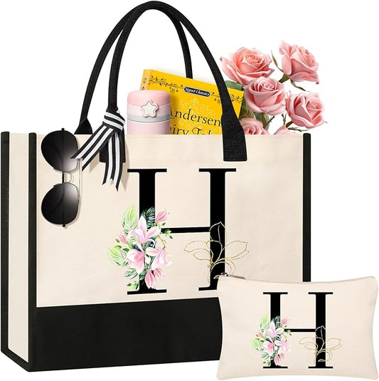 AYGE Personalized Initial Canvas Beach Tote, Monogrammed Gifts for Women, Makeup Bag, Birthday Gifts for Sister, Mom, Teacher, Bridesmaid