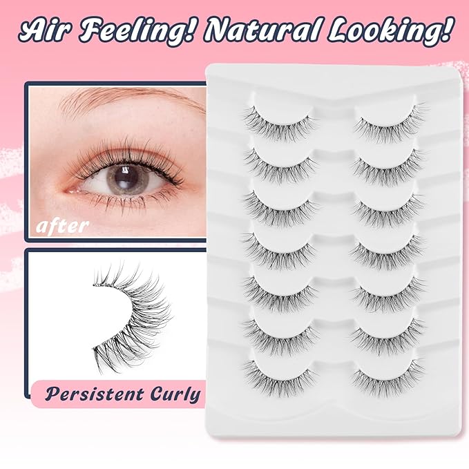 Natural Lashes False Eyelashes 12 MM Short Lashes WIspy 3D Volume Fake Eyelashes Pack C Curl Soft Eye Lash Strips with Thin Cotton Band 7 Pair False Lashes Siligli